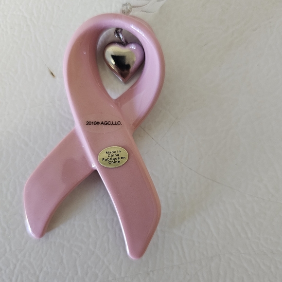Breast Cancer Awareness Pink Ribbon Christmas Ornament With dangling heart - Picture 3 of 5